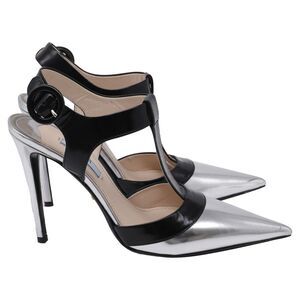Prada T-Strap Pointed-Toe Pumps in Metallic Silver Leather